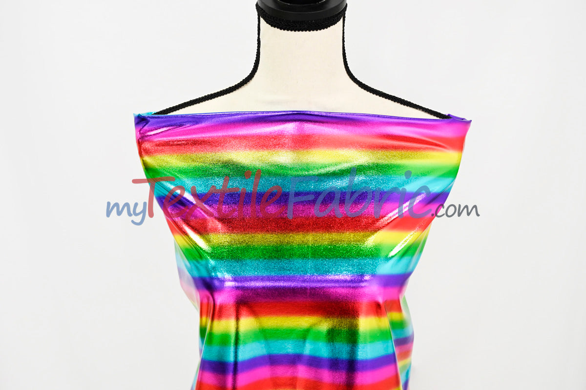 Rainbow Metallic Foil Spandex Lame | Rainbow Stretch Metallic Lame | All Over Multi Color Foil on Stretch Burgundy Knit | 60" Wide