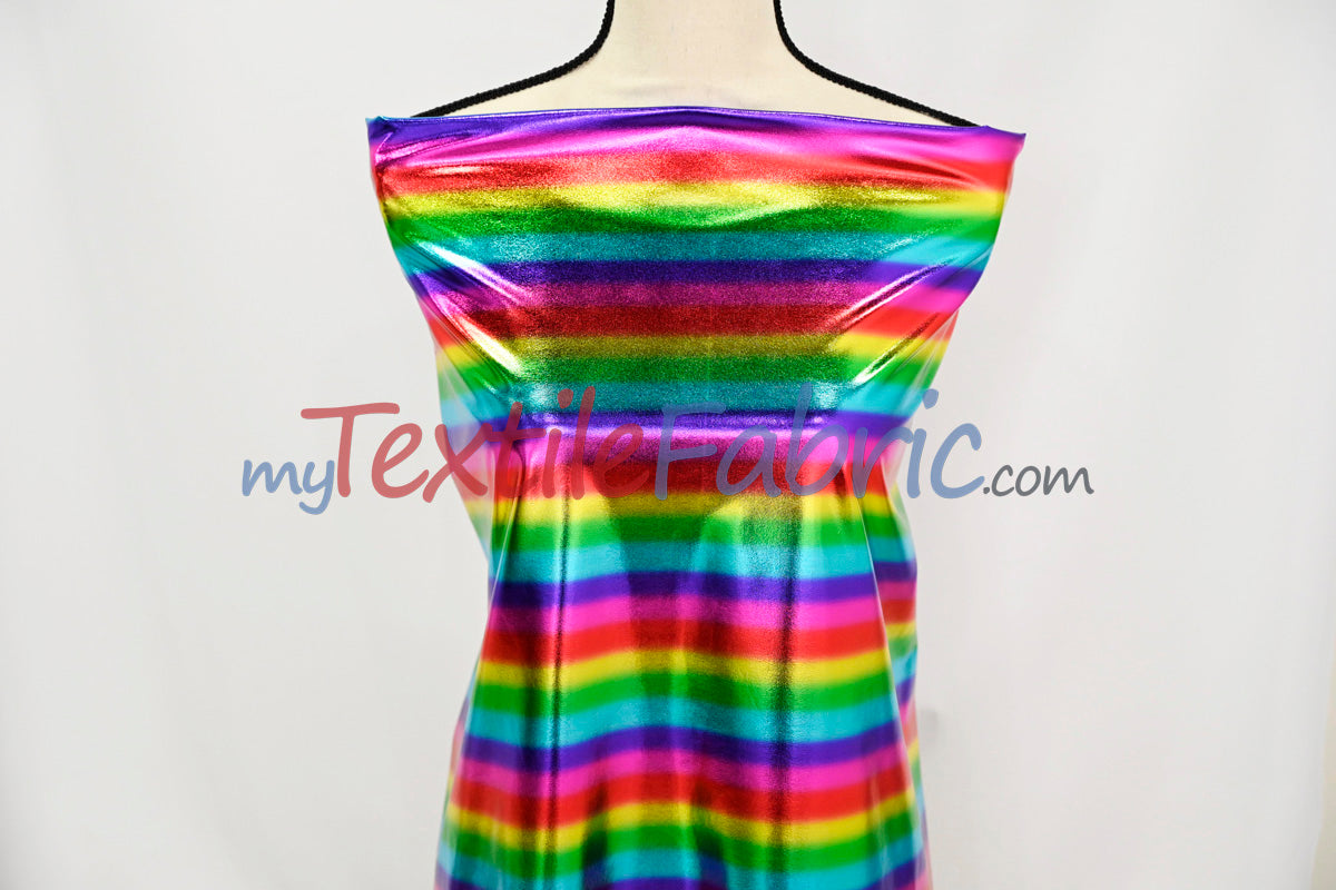 Rainbow Metallic Foil Spandex Lame | Rainbow Stretch Metallic Lame | All Over Multi Color Foil on Stretch Burgundy Knit | 60" Wide