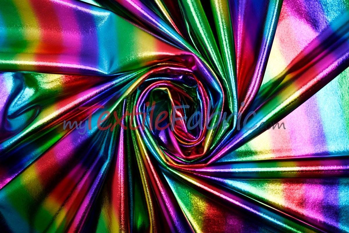 Rainbow Metallic Foil Spandex Lame | Rainbow Stretch Metallic Lame | All Over Multi Color Foil on Stretch Burgundy Knit | 60" Wide