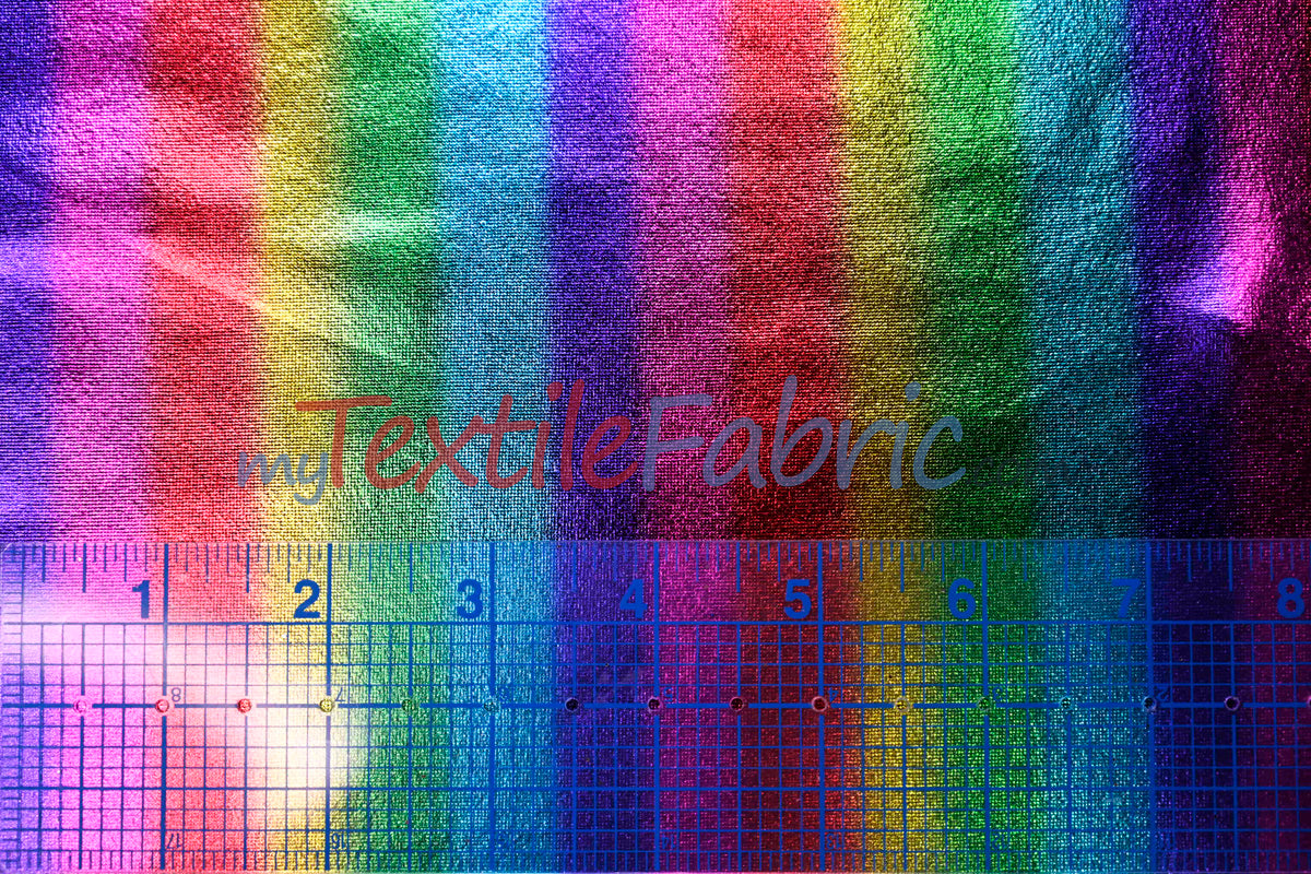 Rainbow Metallic Foil Spandex Lame | Rainbow Stretch Metallic Lame | All Over Multi Color Foil on Stretch Burgundy Knit | 60" Wide