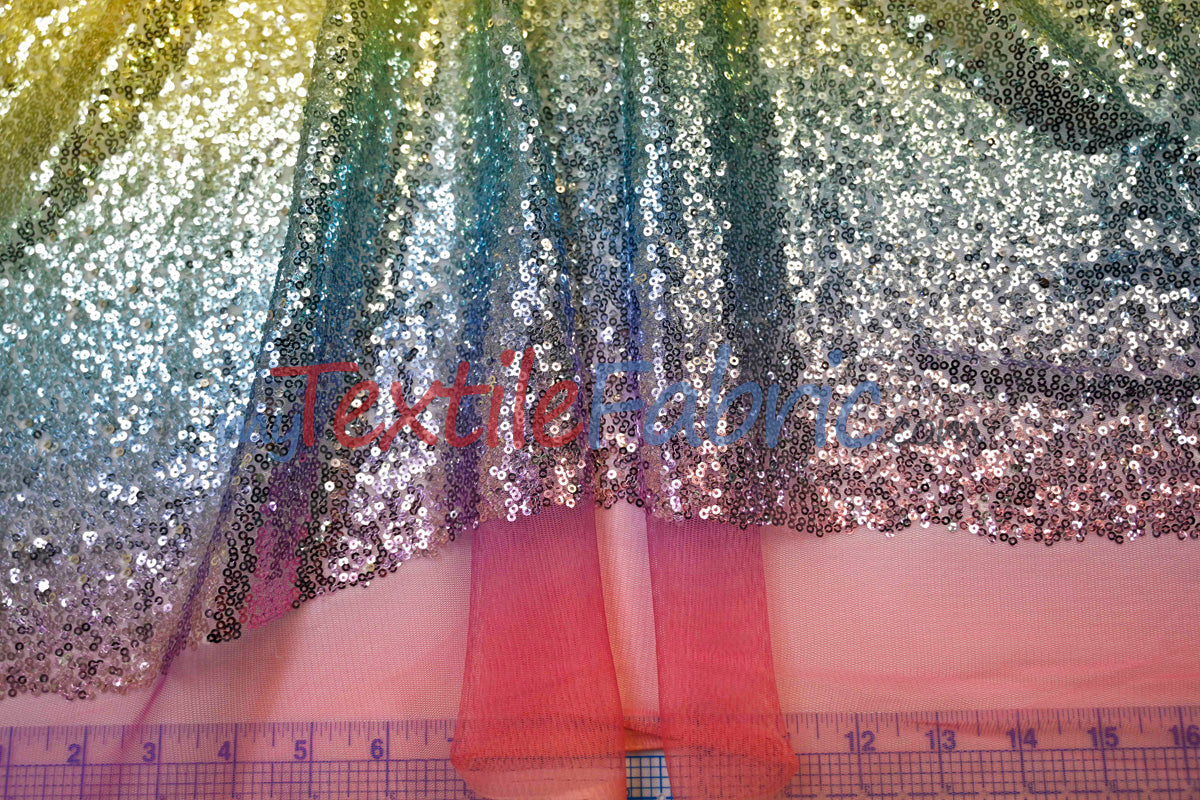 Rainbow Sequins Fabric | Multi Color Sequins Rainbow on Mesh Fabric | Mermaid Mesh Sequins Fabric | Ombre Sequins Fabric by the Yard |