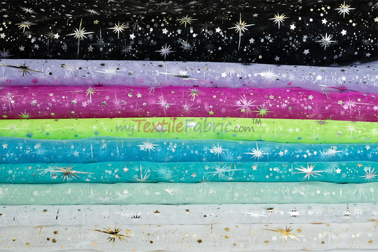 Shooting Star Foil Organza Fabric| 60" Wide | Sheer Organza with Foil Silver Metallic Star | Decor, Overlays, Accents, Dresses, Apparel |