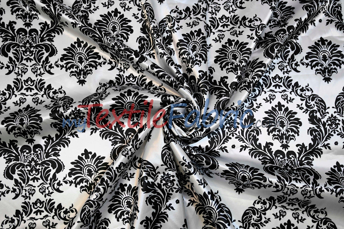White Black Damask Satin Print Fabric | Damask Lamour Satin Fabric | Dull Satin Print | 60" Wide |