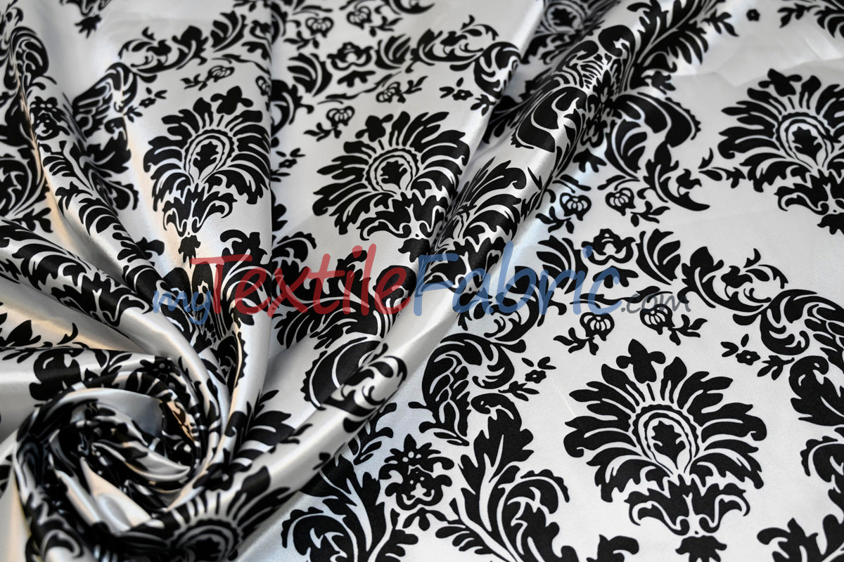 White Black Damask Satin Print Fabric | Damask Lamour Satin Fabric | Dull Satin Print | 60" Wide |