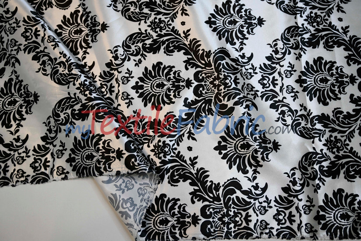 White Black Damask Satin Print Fabric | Damask Lamour Satin Fabric | Dull Satin Print | 60" Wide |