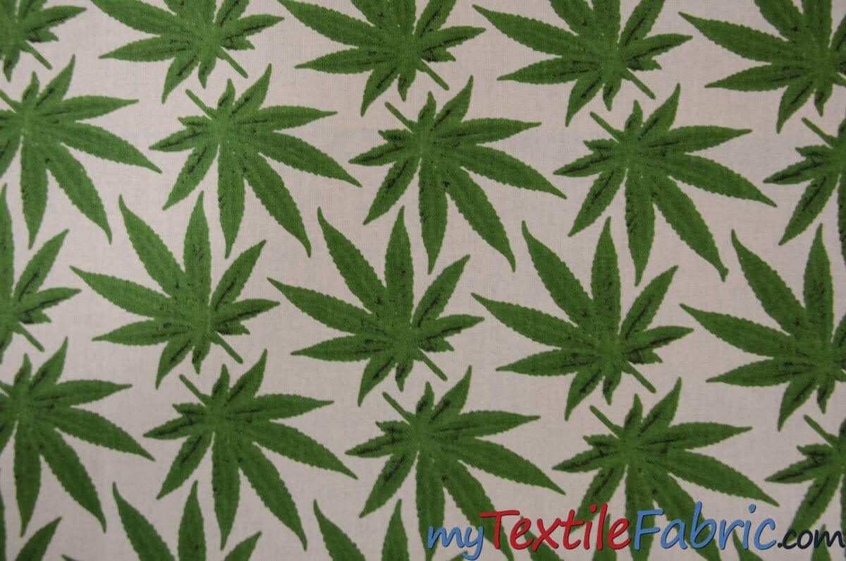 Marijuana Cannabis Leaf Cotton Fabric | 100% Cotton Print | 60" Wide | Ganja Flower Cotton Print | Hemp Leaf Cotton Print | Face Mask, Shirts, Herb Fabric | Fabric mytextilefabric Yards White