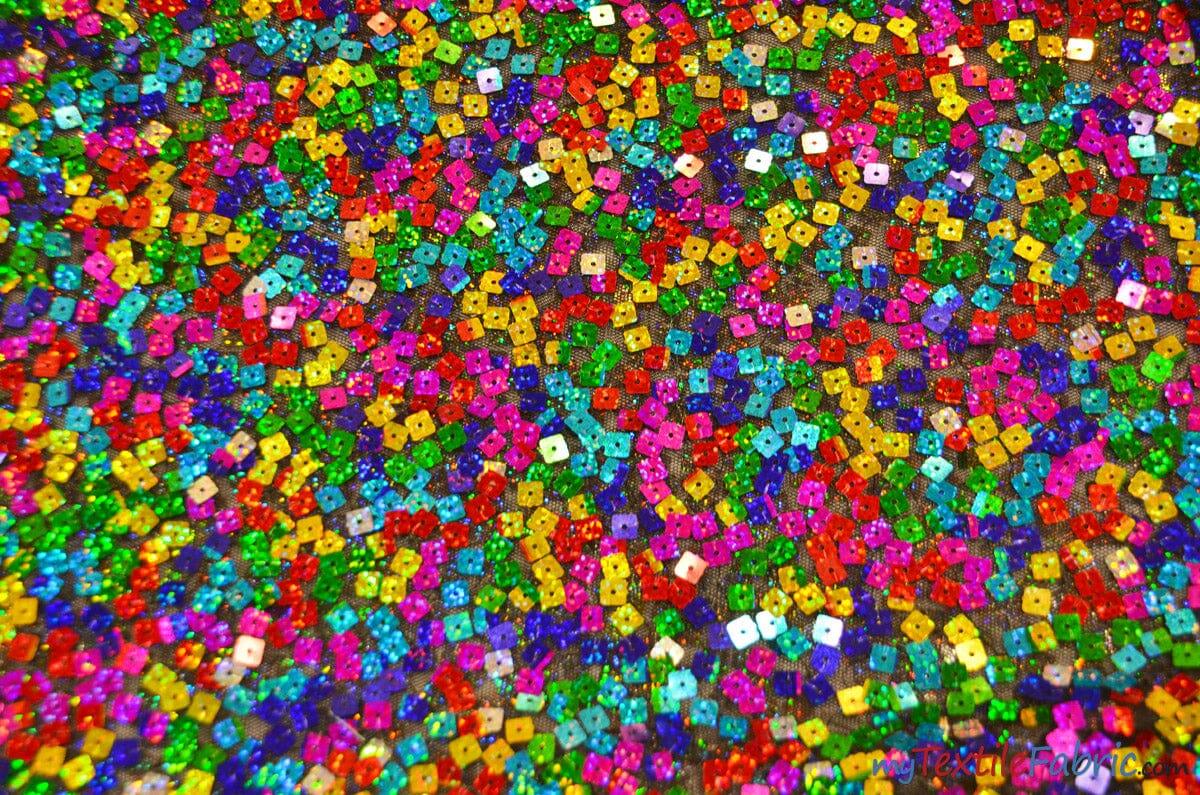 Rainbow Square Sequins | Colorful Sequins Fabric Sewn on Mesh | 52" Wide| Multi Color Sequins | newtextilefabric Yards