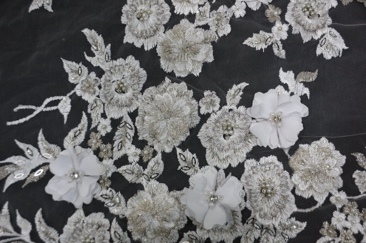 White Bridal Lace Fabric | EA3032 | White Silver Embroidery Lace Fabric | 50" Wide | Wedding Beaded Lace Fabric | Fabric mytextilefabric