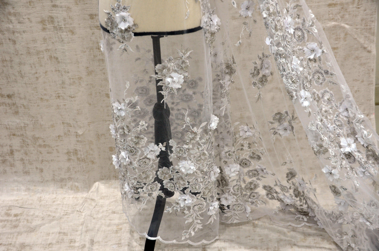 White Bridal Lace Fabric | EA3032 | White Silver Embroidery Lace Fabric | 50" Wide | Wedding Beaded Lace Fabric | Fabric mytextilefabric