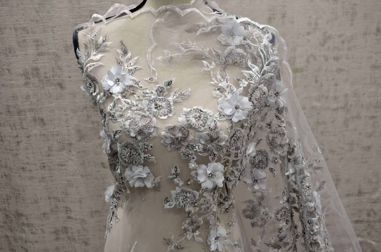 White Bridal Lace Fabric | EA3032 | White Silver Embroidery Lace Fabric | 50" Wide | Wedding Beaded Lace Fabric | Fabric mytextilefabric