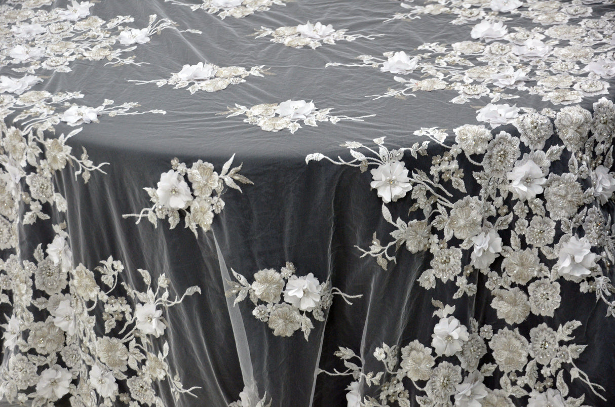 White Bridal Lace Fabric | EA3032 | White Silver Embroidery Lace Fabric | 50" Wide | Wedding Beaded Lace Fabric | Fabric mytextilefabric