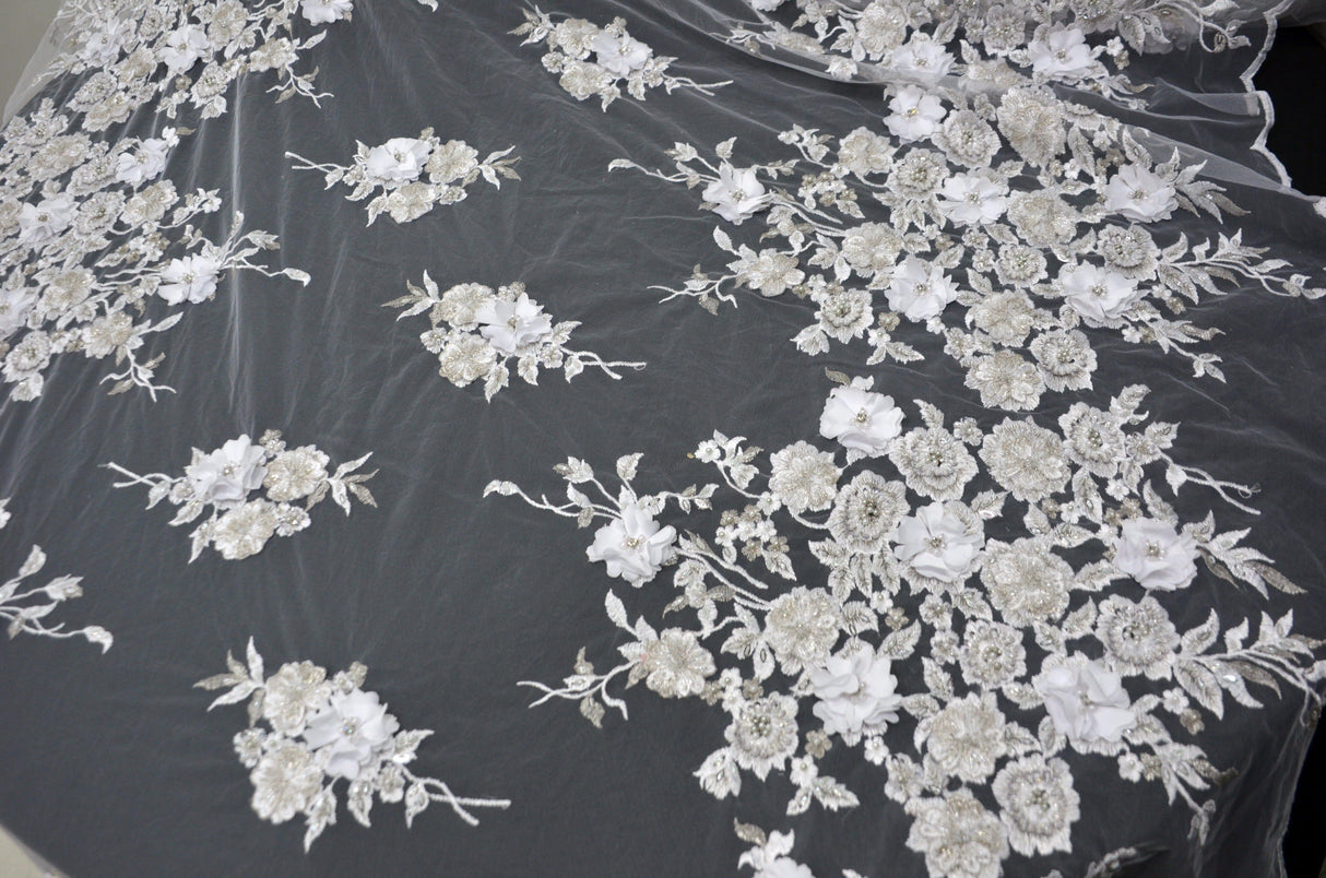White Bridal Lace Fabric | EA3032 | White Silver Embroidery Lace Fabric | 50" Wide | Wedding Beaded Lace Fabric | Fabric mytextilefabric