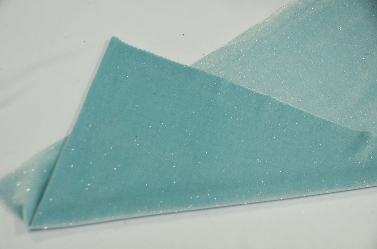 Glitter Stretch Velvet | Sparkling Glitter on Plush Spandex Velvet | 60" Wide | Multiple Colors | My Textile Fabric Yards Baby Blue