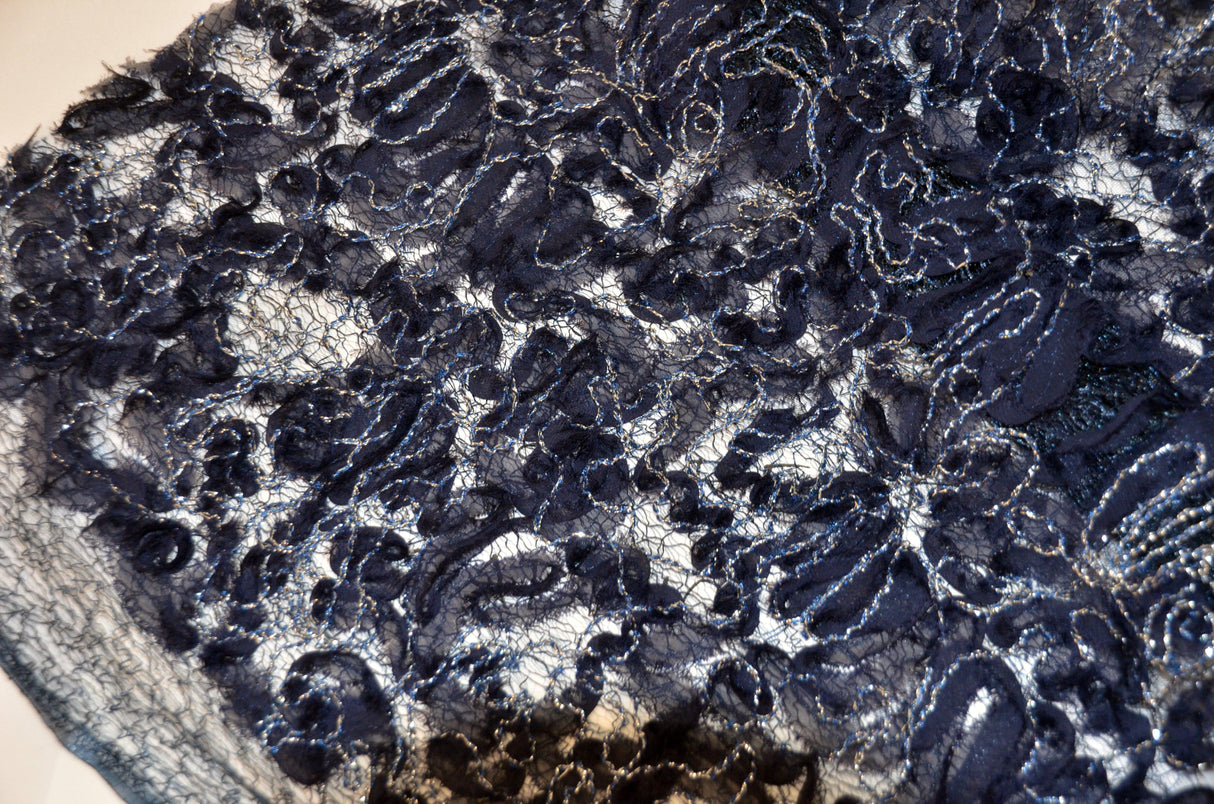 Metallic Enchanted Lace Fabric | Enchanted Sheer Embroidery | 52" Wide | Patina Sheer Lace | Blissful Sheer Lace | Fabric mytextilefabric 3"x3" Sample Swatch Navy
