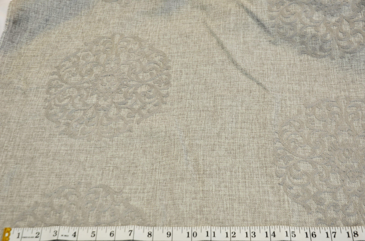 Embossed Faux Linen Embroidery for Drapery | 58" Wide | Off White and Light Silver | newtextilefabric