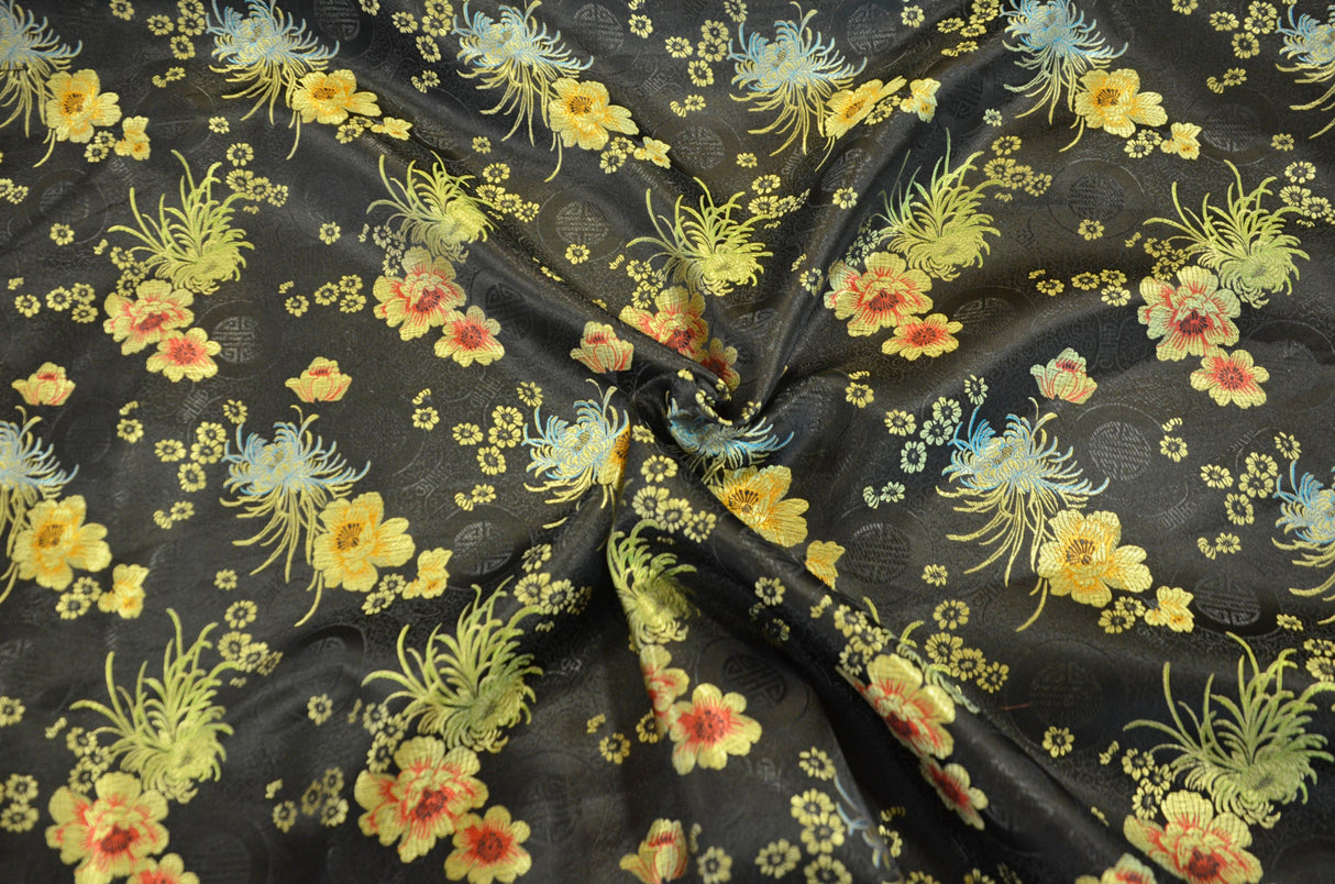Oriental Floral Brocade | Chinese Flower Brocade | 45" Wide | Chinese Brocade Fabric | Fabric mytextilefabric Yards Black