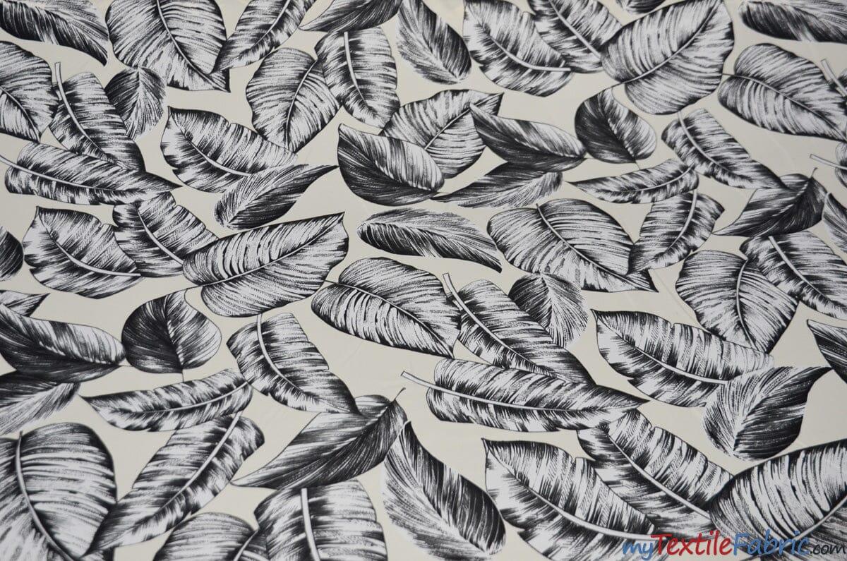 Bohemian Paradise Satin Print | Dull Satin Print | 58/60" Wide | 3 Colors | Tropical Banana Leaf Print | My Textile Fabric Yards Champagne Black