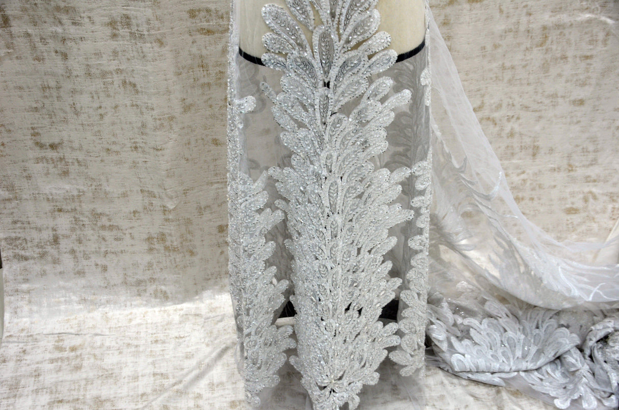 White Bridal Lace Fabric | E15170 | White Embroidery Lace Fabric | 50" Wide | Wedding Beaded Lace Fabric | Fabric mytextilefabric