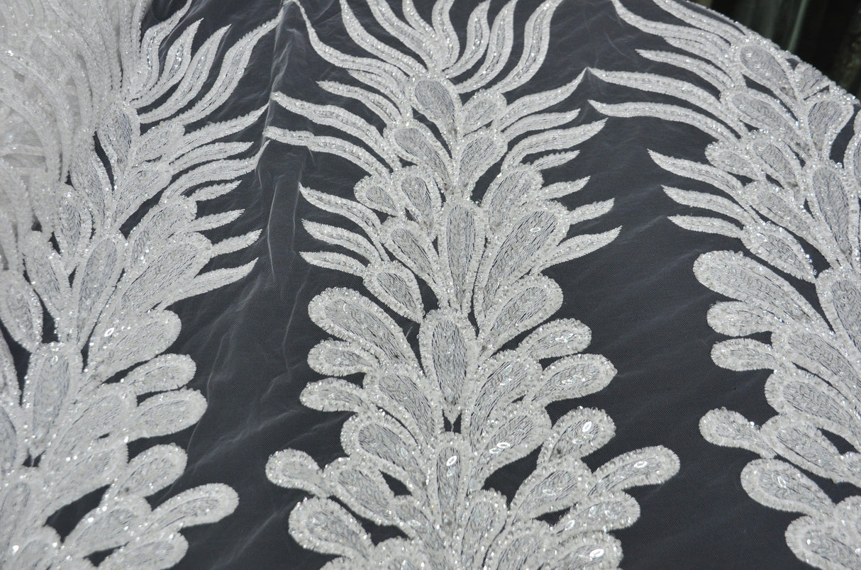 White Bridal Lace Fabric | E15170 | White Embroidery Lace Fabric | 50" Wide | Wedding Beaded Lace Fabric | Fabric mytextilefabric 3 Vertical Panels (approx 32-35") White