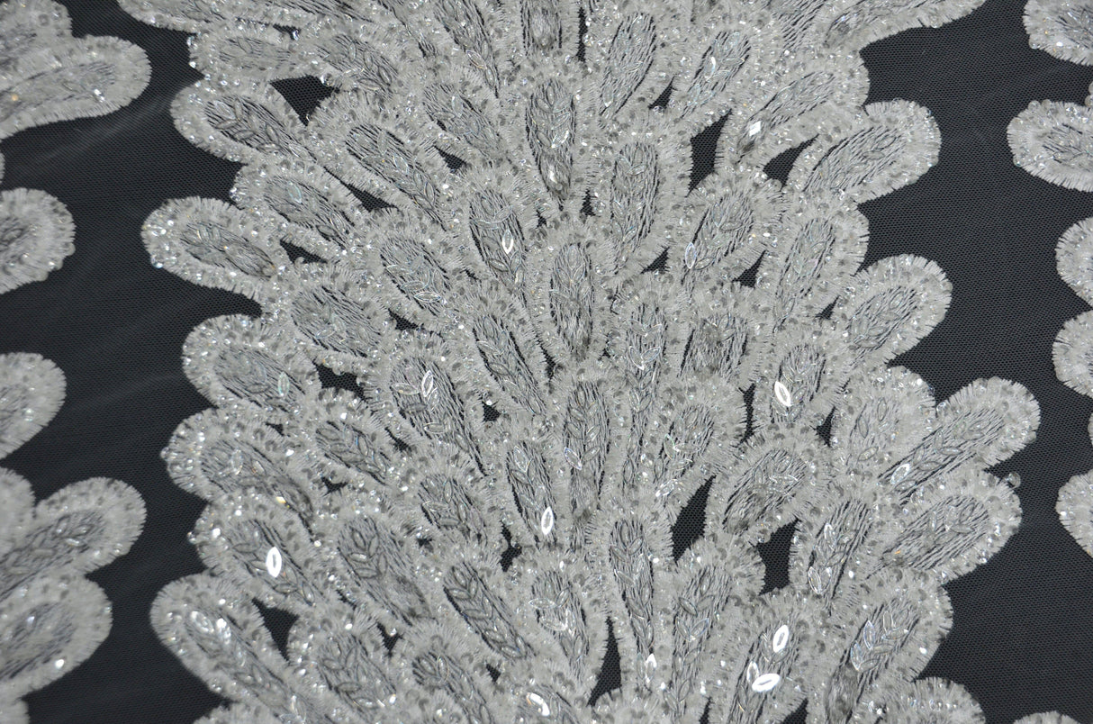 White Bridal Lace Fabric | E15170 | White Embroidery Lace Fabric | 50" Wide | Wedding Beaded Lace Fabric | Fabric mytextilefabric 1 Vertical Panel (approx 11") White