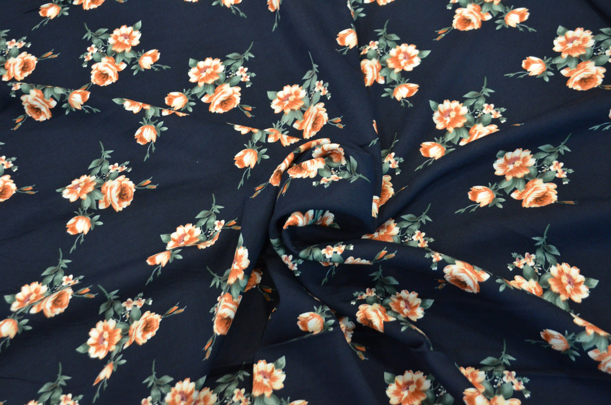 Love Flower Rayon Challis Fabric by the Continuous Yard | 60" Wide | Floral Rayon Challis Fabric | Rayon Challis for Dresses and Skirts | Fabric mytextilefabric Yards Dark Navy