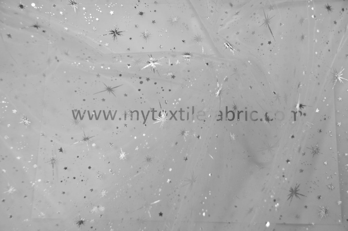 Shooting Star Foil Organza Fabric| 60" Wide | Sheer Organza with Foil Silver Metallic Star | Decor, Overlays, Accents, Dresses, Apparel | Fabric mytextilefabric