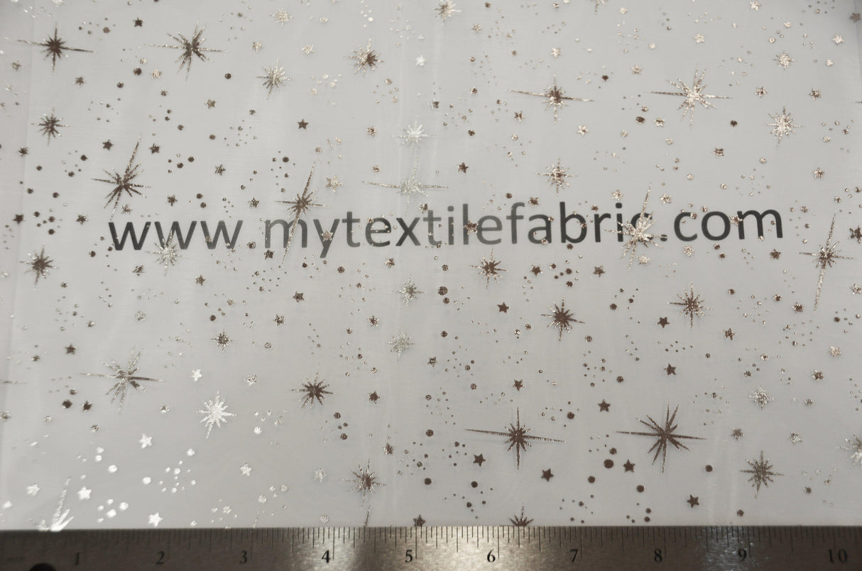 Shooting Star Foil Organza Fabric| 60" Wide | Sheer Organza with Foil Silver Metallic Star | Decor, Overlays, Accents, Dresses, Apparel | Fabric mytextilefabric