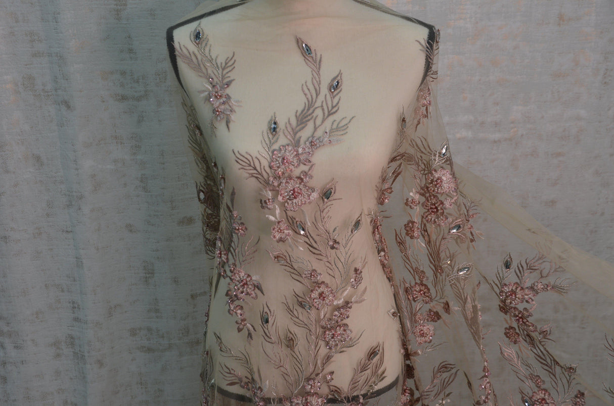 Dusty Rose Diamond Beaded Bridal Lace Fabric | Dusty Rose Embroidery Lace Fabric | 50" Wide | Wedding Beaded Lace Fabric | Fabric mytextilefabric