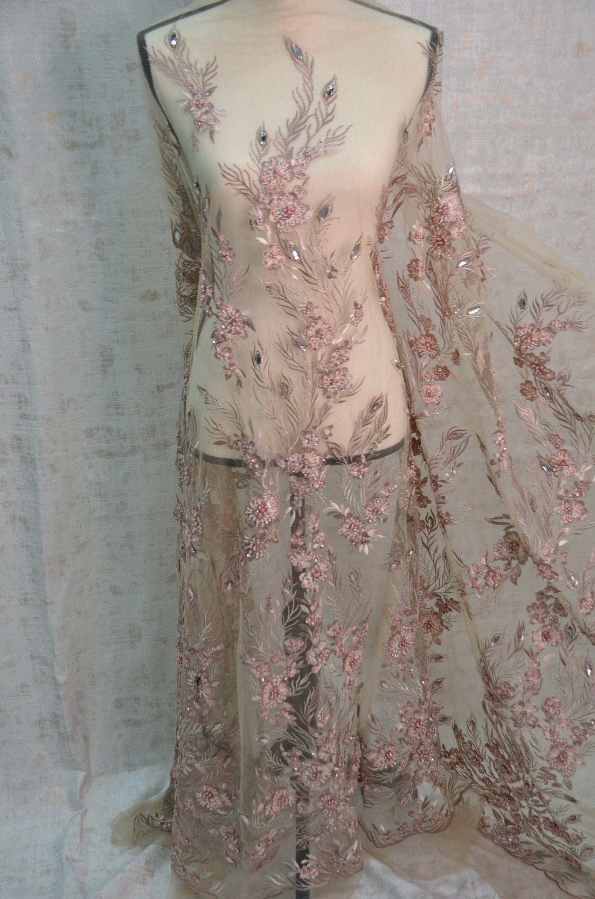 Dusty Rose Diamond Beaded Bridal Lace Fabric | Dusty Rose Embroidery Lace Fabric | 50" Wide | Wedding Beaded Lace Fabric | Fabric mytextilefabric