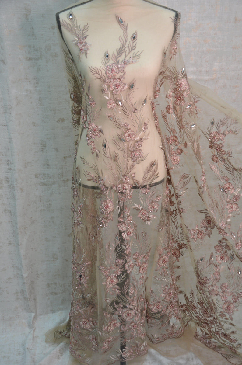 Dusty Rose Diamond Beaded Bridal Lace Fabric Dusty Rose Embroidery L
