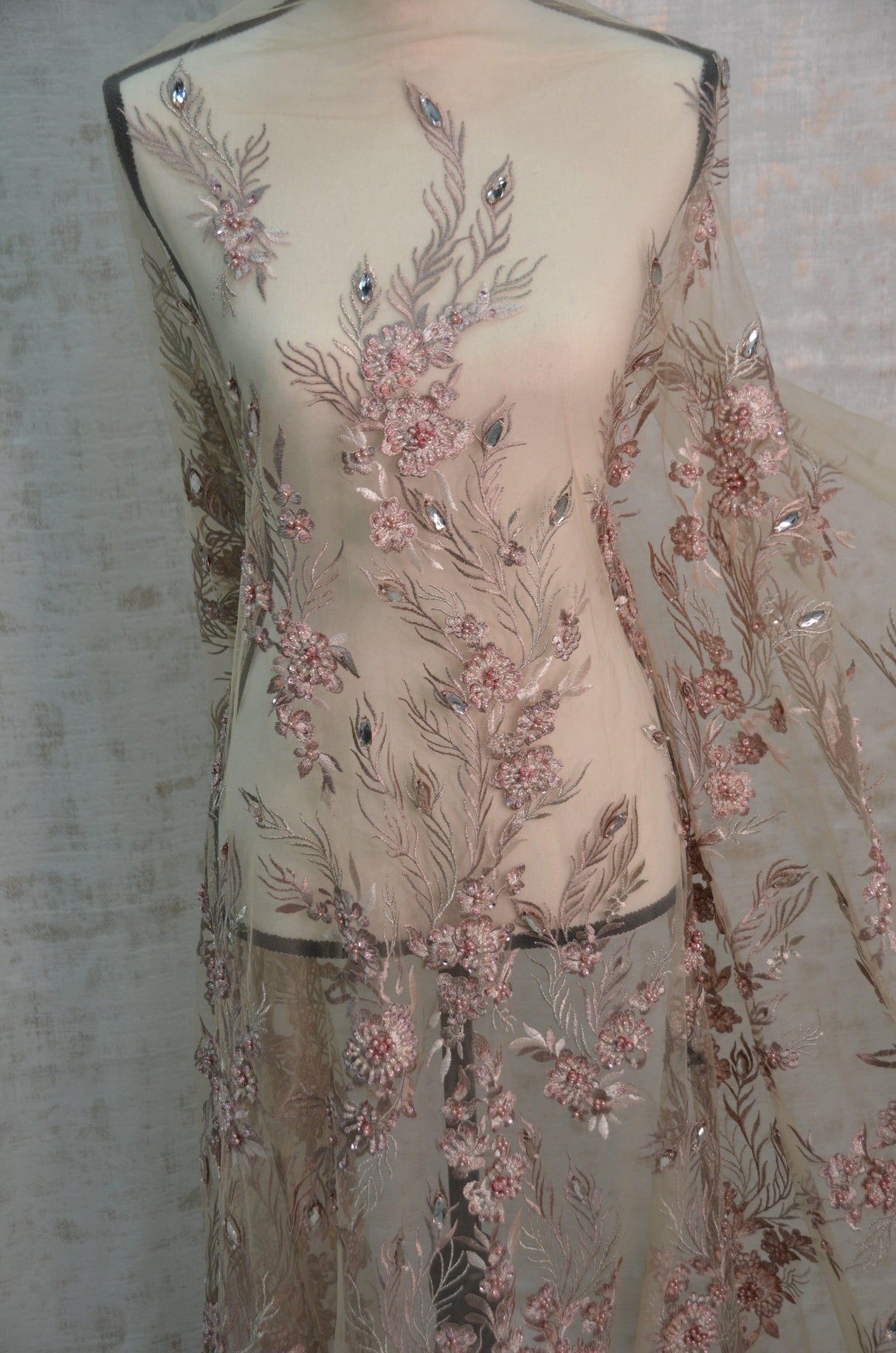 Dusty Rose Diamond Beaded Bridal Lace Fabric | Dusty Rose Embroidery Lace Fabric | 50" Wide | Wedding Beaded Lace Fabric | Fabric mytextilefabric