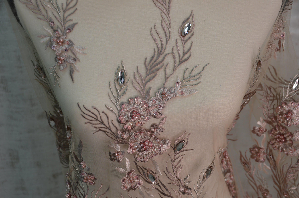 Dusty Rose Diamond Beaded Bridal Lace Fabric | Dusty Rose Embroidery Lace Fabric | 50" Wide | Wedding Beaded Lace Fabric | Fabric mytextilefabric