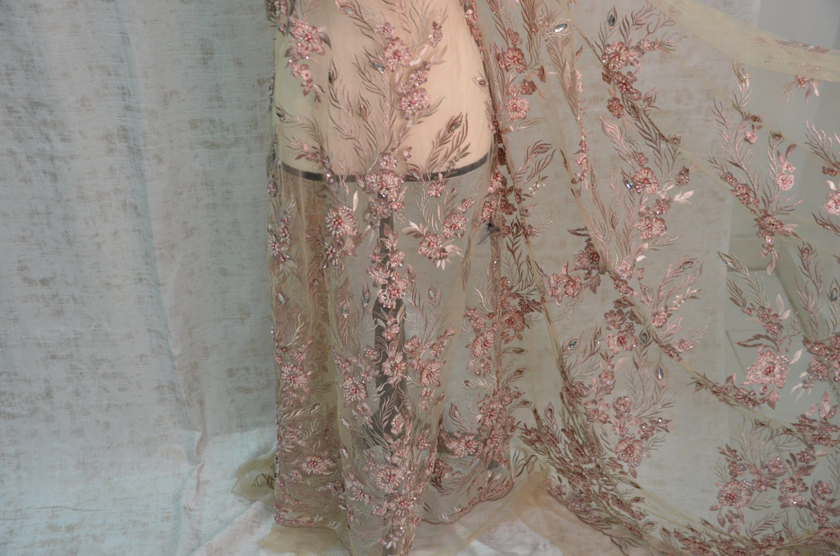 Dusty Rose Diamond Beaded Bridal Lace Fabric | Dusty Rose Embroidery Lace Fabric | 50" Wide | Wedding Beaded Lace Fabric | Fabric mytextilefabric