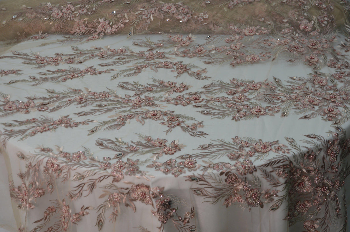 Dusty Rose Diamond Beaded Bridal Lace Fabric | Dusty Rose Embroidery Lace Fabric | 50" Wide | Wedding Beaded Lace Fabric | Fabric mytextilefabric