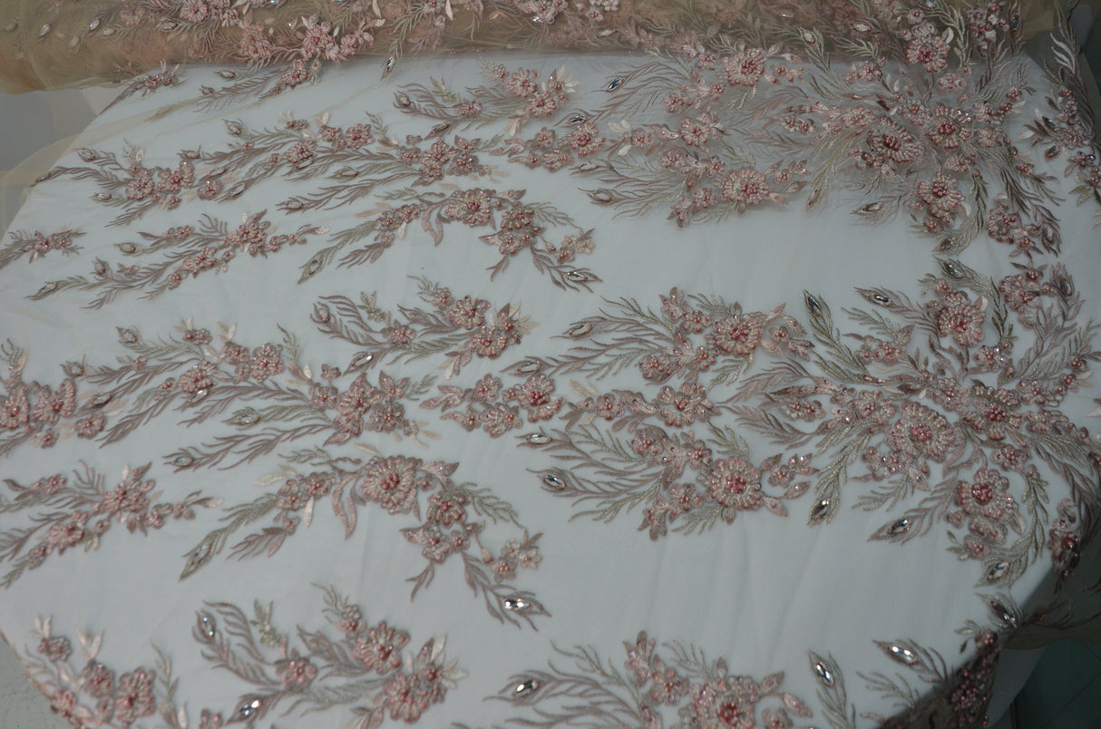 Dusty Rose Diamond Beaded Bridal Lace Fabric | Dusty Rose Embroidery Lace Fabric | 50" Wide | Wedding Beaded Lace Fabric | Fabric mytextilefabric