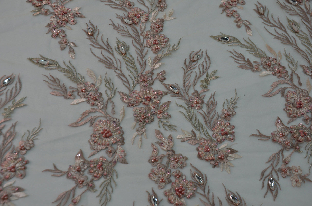 Dusty Rose Diamond Beaded Bridal Lace Fabric | Dusty Rose Embroidery Lace Fabric | 50" Wide | Wedding Beaded Lace Fabric | Fabric mytextilefabric