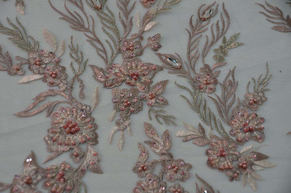Dusty Rose Diamond Beaded Bridal Lace Fabric | Dusty Rose Embroidery Lace Fabric | 50" Wide | Wedding Beaded Lace Fabric | Fabric mytextilefabric