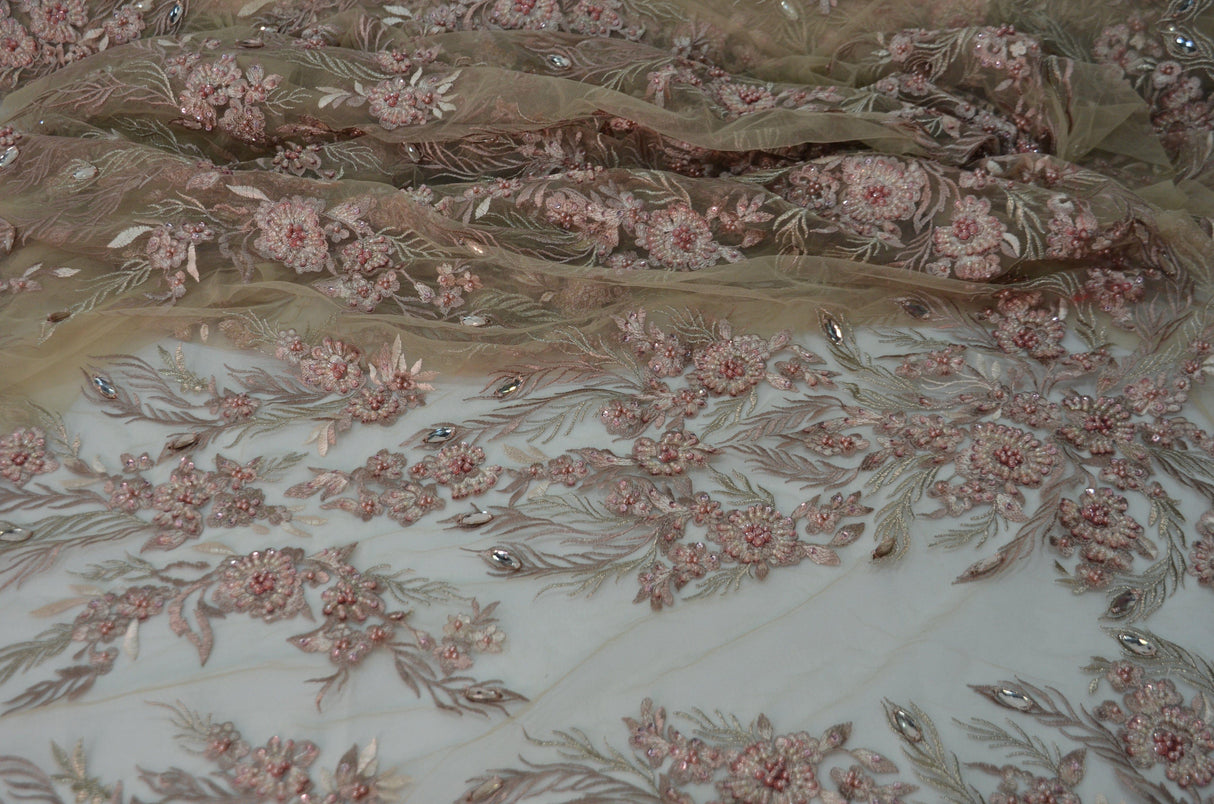 Dusty Rose Diamond Beaded Bridal Lace Fabric | Dusty Rose Embroidery Lace Fabric | 50" Wide | Wedding Beaded Lace Fabric | Fabric mytextilefabric