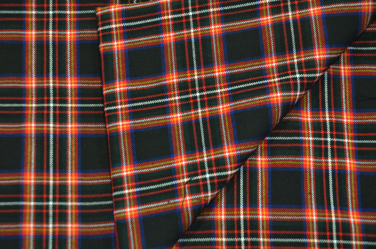 Irish Black Tartan Fabric | Black and Red Plaid Checker | 60" Wide | Poly Rayon Kilt | Decor, Napkins, Scarves, Costumes, Blanket, Face Mask, Kilt | My Textile Fabric