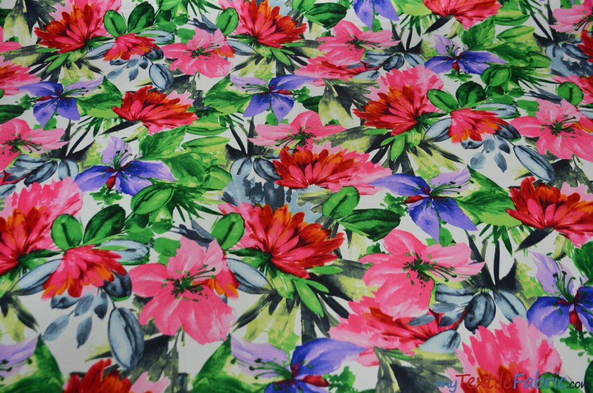 Flower Blossom Satin Print | Dull Satin Print | 60" Wide | 2 Colors | Floral Satin Print My Textile Fabric Yards Ivory Background