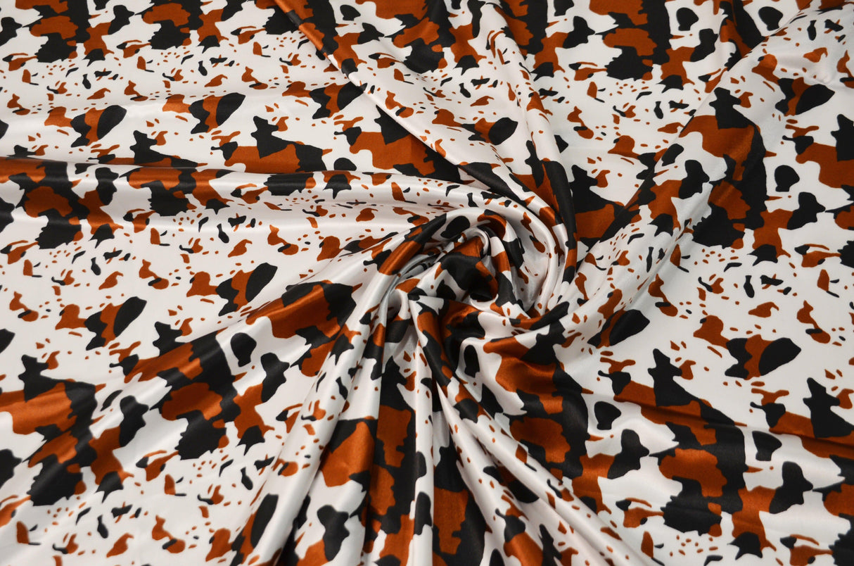 Black Brown Cow Satin Print Fabric | Black Brown Calf Charmeuse Satin | 60" Wide | Super Soft Satin Animal Print | Fabric mytextilefabric