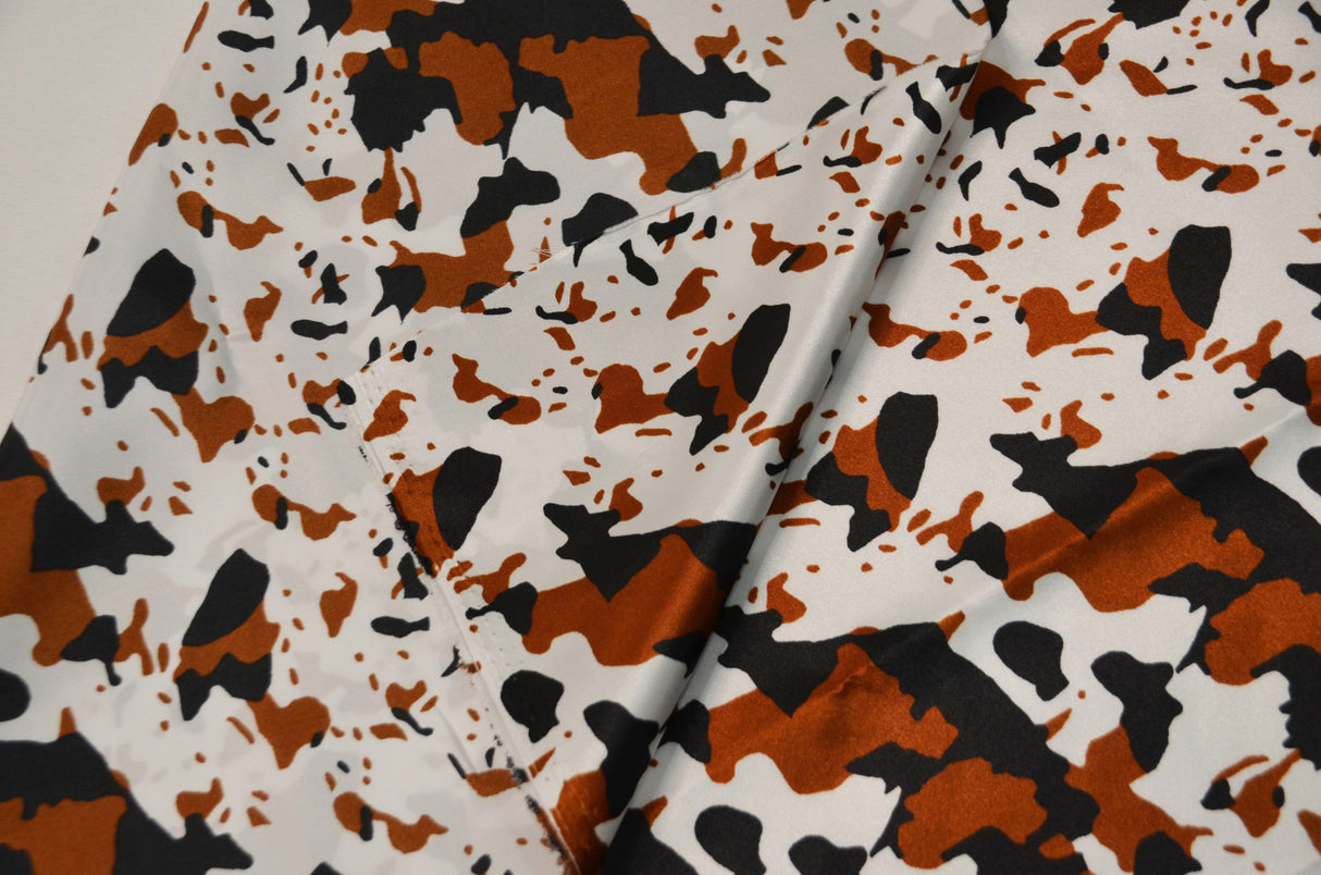 Black Brown Cow Satin Print Fabric | Black Brown Calf Charmeuse Satin | 60" Wide | Super Soft Satin Animal Print | Fabric mytextilefabric