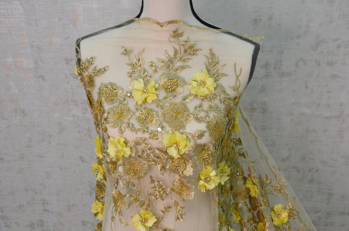 Gold Bridal Lace Fabric | EA3032 |Metallic Gold Embroidery Lace Fabric | 50" Wide | Wedding Beaded Lace Fabric | Fabric mytextilefabric