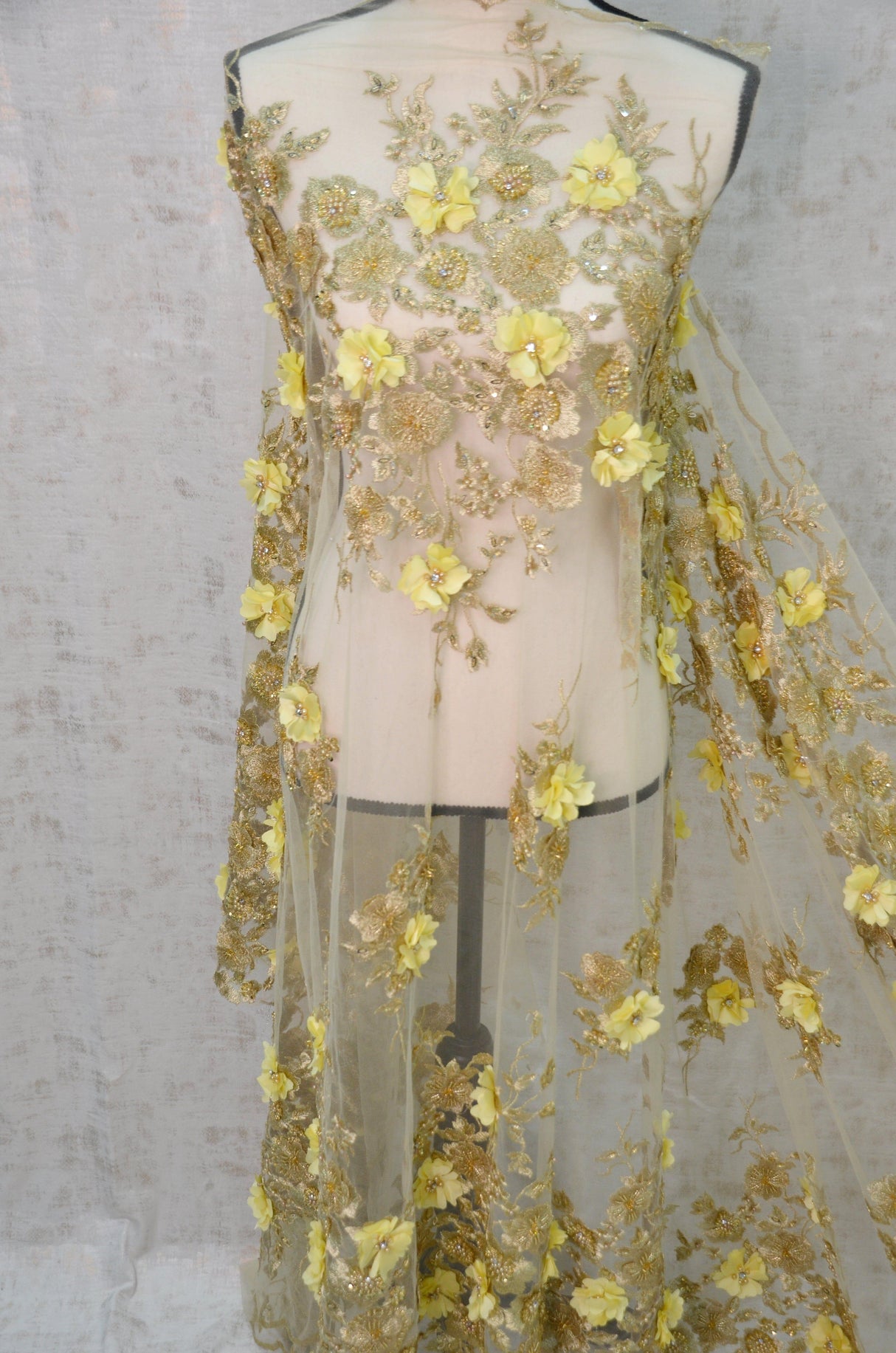 Gold Bridal Lace Fabric | EA3032 |Metallic Gold Embroidery Lace Fabric | 50" Wide | Wedding Beaded Lace Fabric | Fabric mytextilefabric