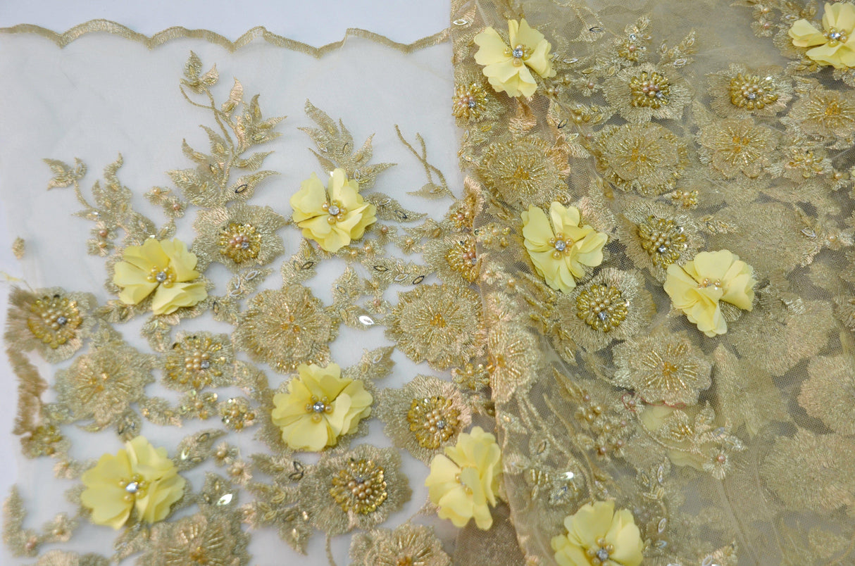 Gold Bridal Lace Fabric | EA3032 |Metallic Gold Embroidery Lace Fabric | 50" Wide | Wedding Beaded Lace Fabric | Fabric mytextilefabric