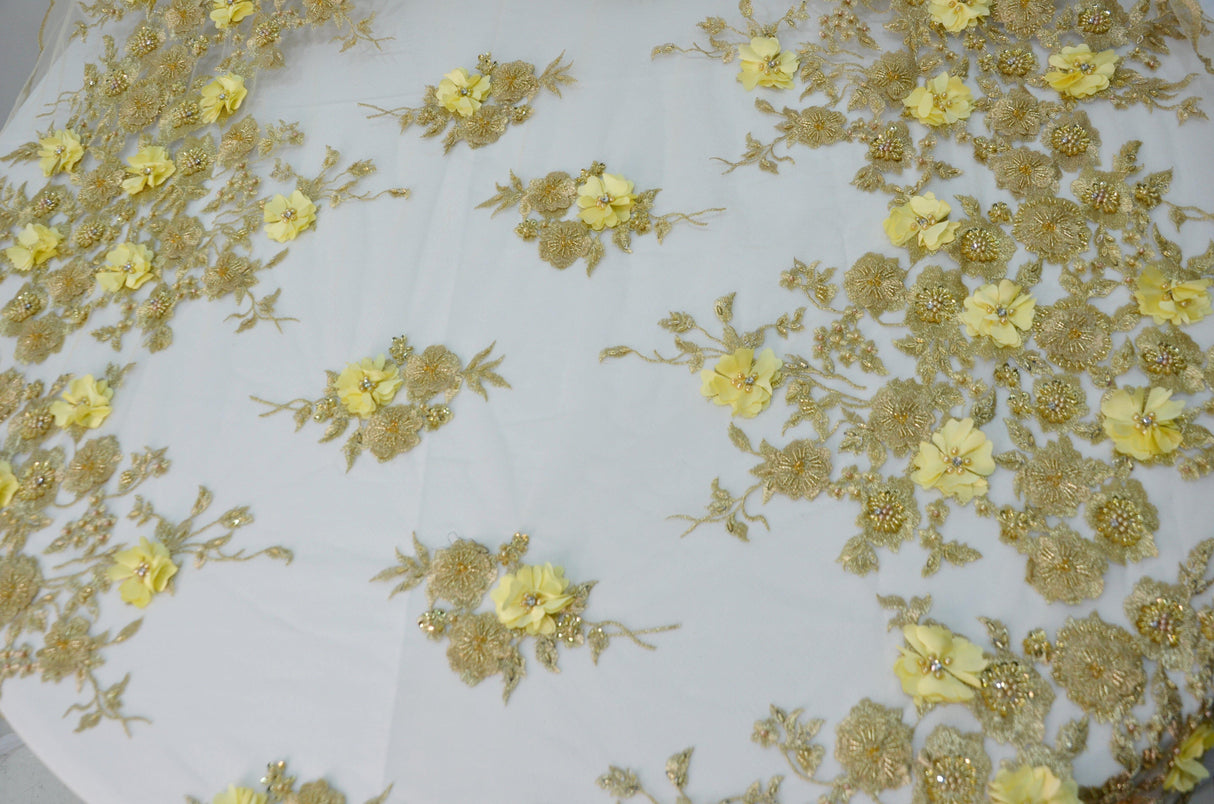 Gold Bridal Lace Fabric | EA3032 |Metallic Gold Embroidery Lace Fabric | 50" Wide | Wedding Beaded Lace Fabric | Fabric mytextilefabric