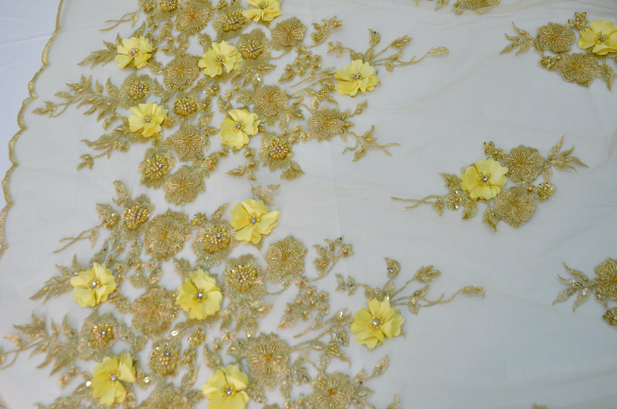 Gold Bridal Lace Fabric | EA3032 |Metallic Gold Embroidery Lace Fabric | 50" Wide | Wedding Beaded Lace Fabric | Fabric mytextilefabric
