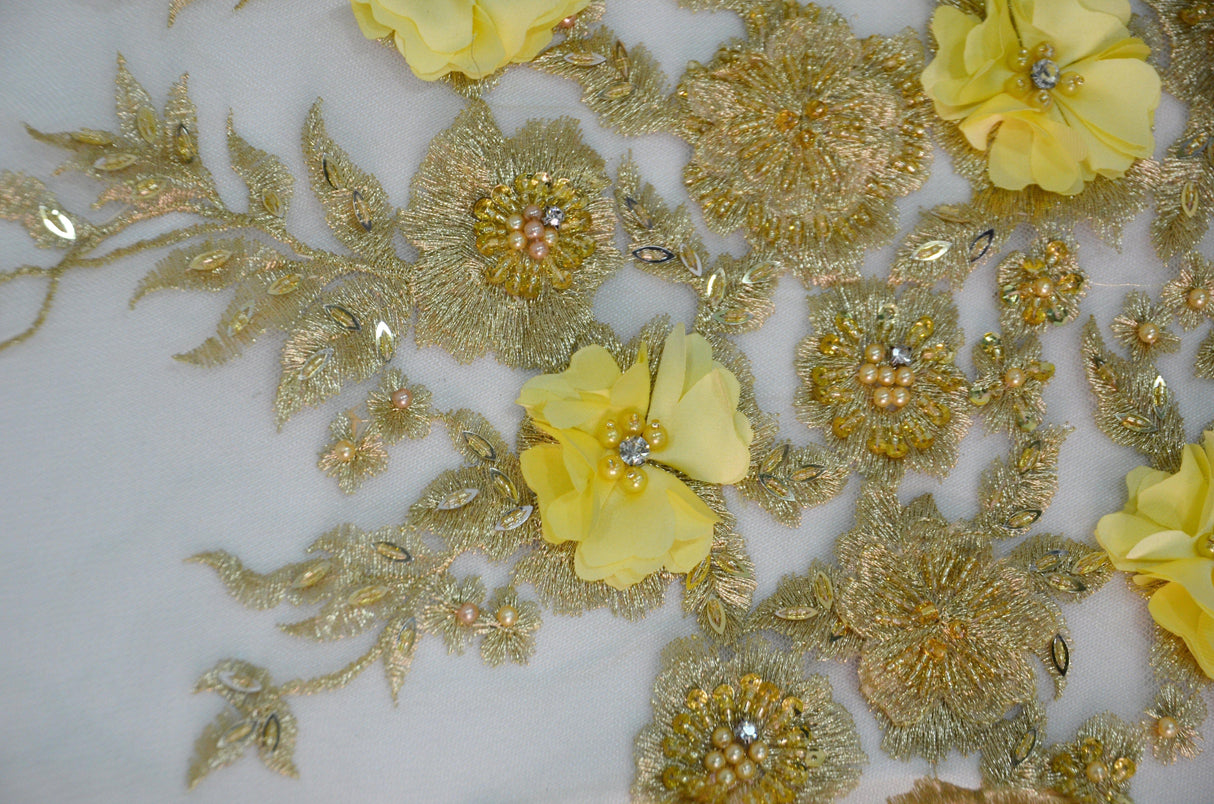 Gold Bridal Lace Fabric | EA3032 |Metallic Gold Embroidery Lace Fabric | 50" Wide | Wedding Beaded Lace Fabric | Fabric mytextilefabric