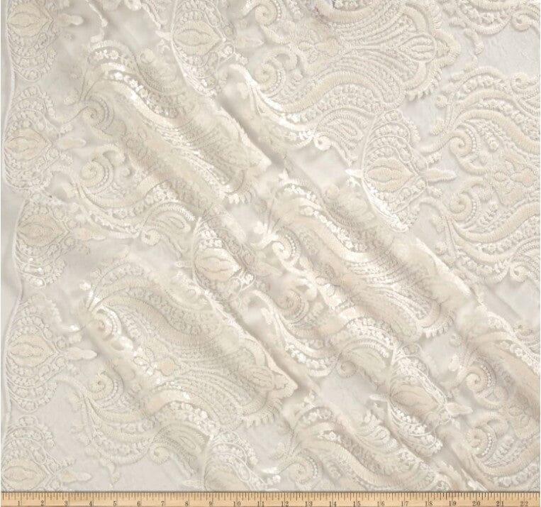 Medallion Bridal Lace | Sequins Damask Embroidery | 52" Wide | Lace Wedding Dress | Sequins Lace Fabric | Fabric mytextilefabric Yards White
