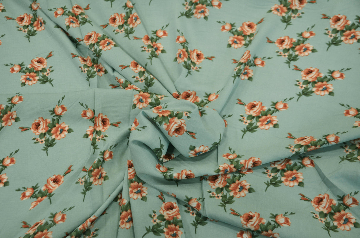 Love Flower Rayon Challis Fabric by the Continuous Yard | 60" Wide | Floral Rayon Challis Fabric | Rayon Challis for Dresses and Skirts | Fabric mytextilefabric Yards Seafoam Green